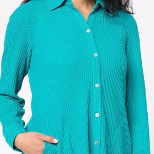 Susan Graver Weekender Brushed Waffle Knit Teal Button-Up Women's Top